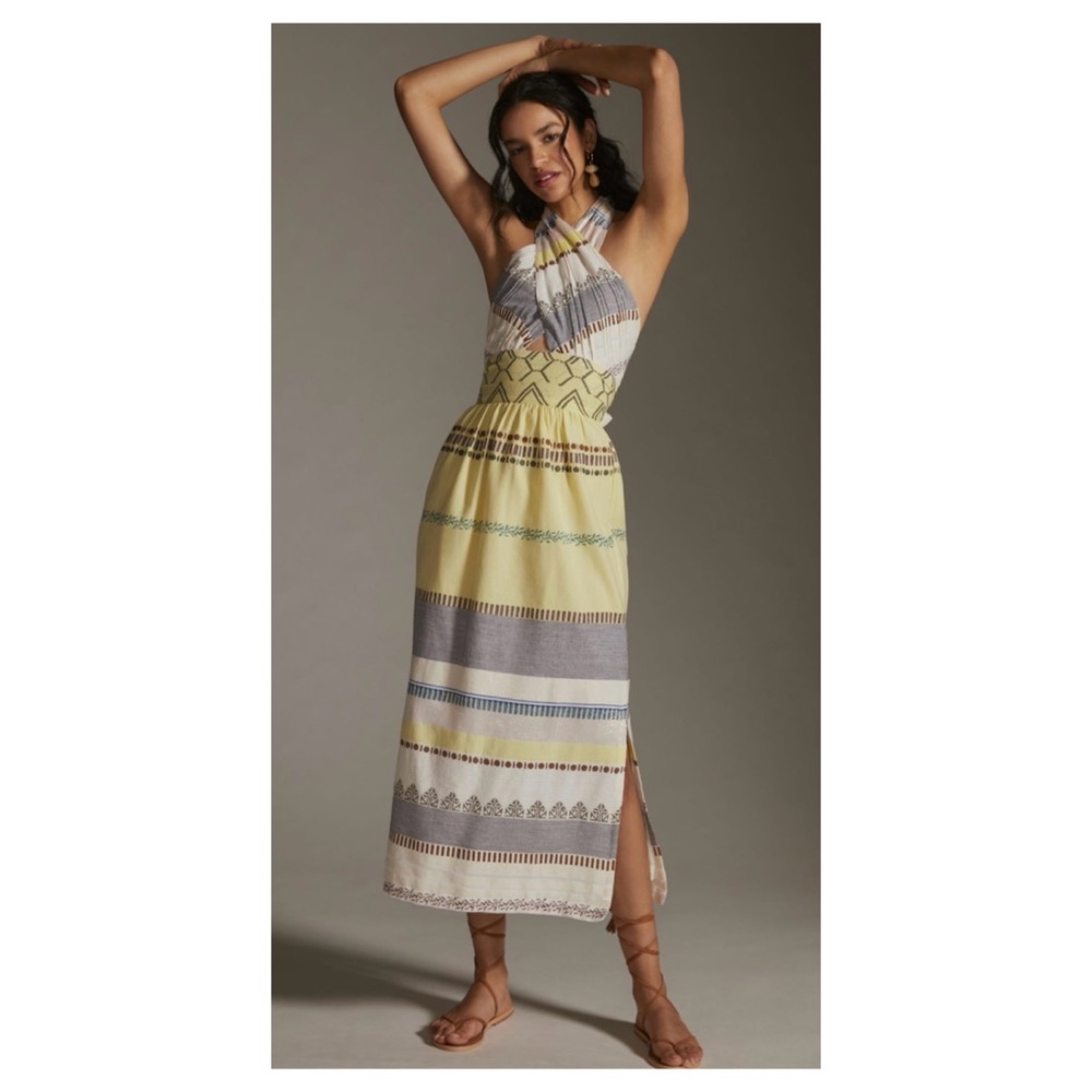 Striped Halter Maxi Dress - Yellow and Gray